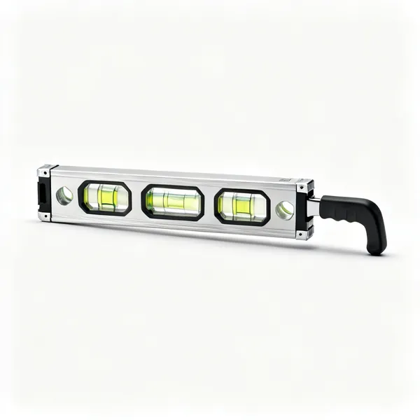 An aluminium spirit level with three glass vials and machined edges