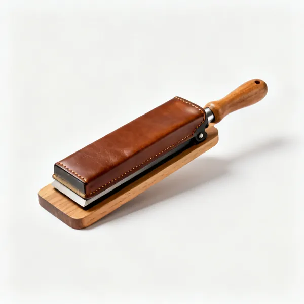 Leather strop: A leather sharpening strop mounted on a wooden paddle with a handle