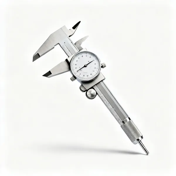 A stainless steel vernier caliper with a dial gauge, outside and inside jaws and depth rod