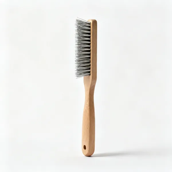 A hand wire brush with rows of stiff steel bristles and a wooden handle