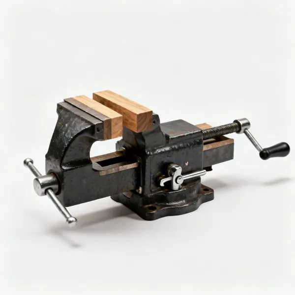 Woodworking vice: A cast iron woodworking bench vice with wide flat jaws, wooden jaw faces and a quick release lever
