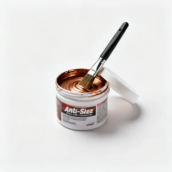 A tub of copper anti seize compound with a brush in the lid
