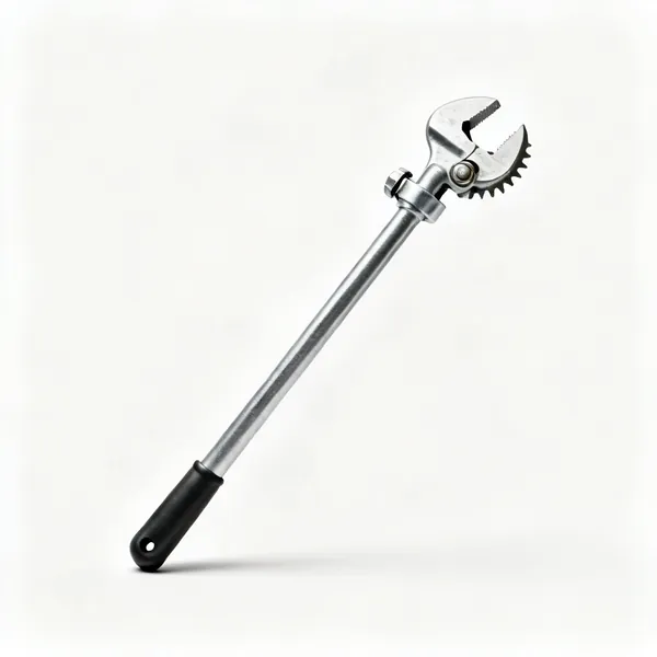 A basin wrench with a long shaft, a T handle and a pivoting toothed jaw