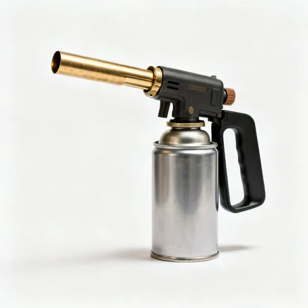A handheld gas blow torch with a brass burner head and a gas canister