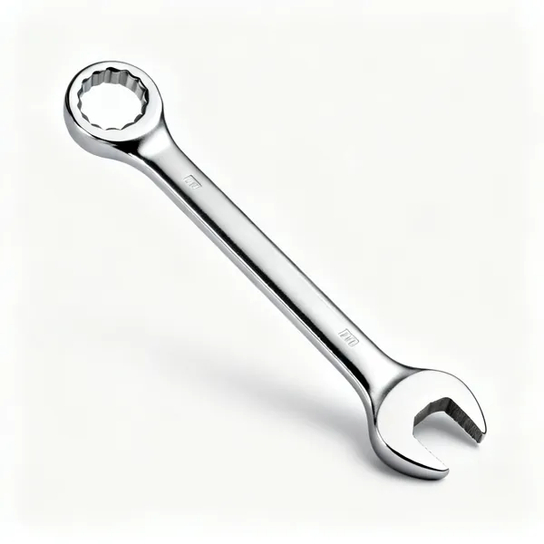 A chrome combination spanner with a ring end and an open end