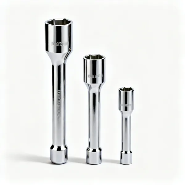Three chrome deep sockets of different lengths standing upright