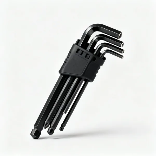 Hex keys: A set of black hex key allen wrenches of graduated sizes on a holder