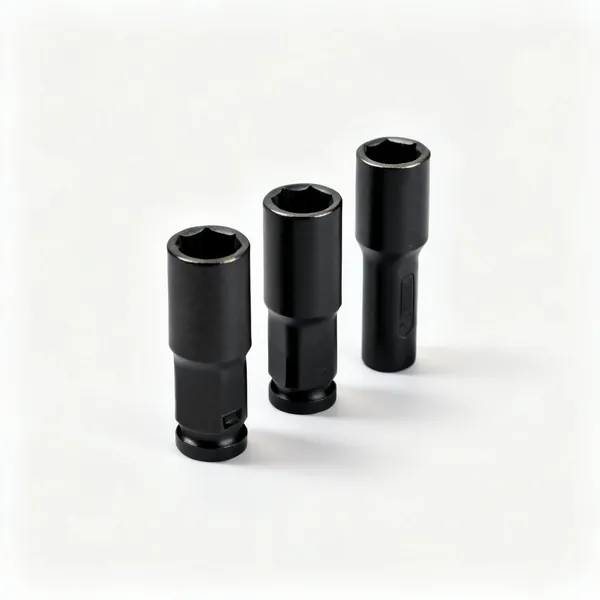 Three black impact sockets with thick walls standing upright