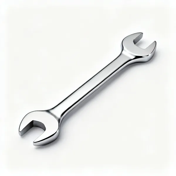 A chrome double open ended spanner with two different sized jaws