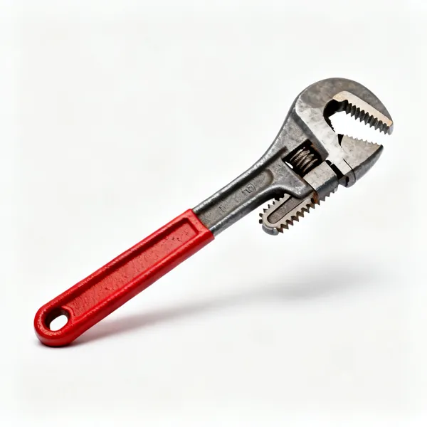 A heavy pipe wrench with serrated toothed jaws and a red handle