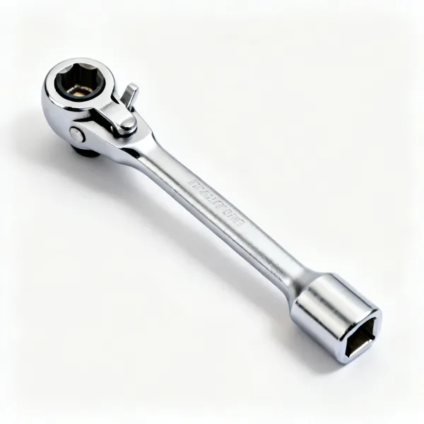 A chrome socket ratchet handle with a reversing lever and a square drive