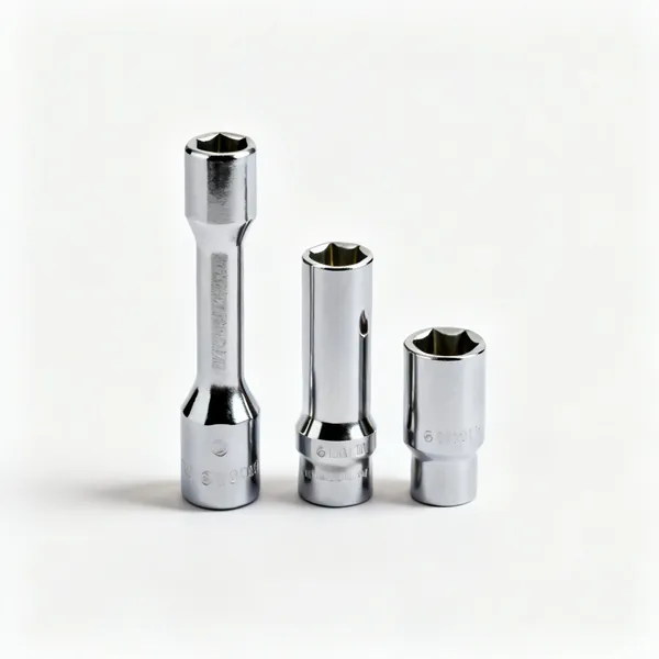 Three chrome six point sockets of different sizes standing upright