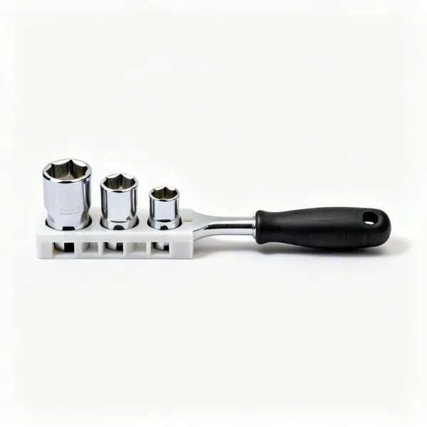 Three plastic socket rails holding chrome sockets in size order