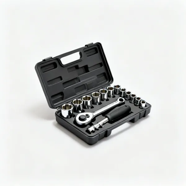 An open socket set case with chrome sockets of graduated sizes and a ratchet