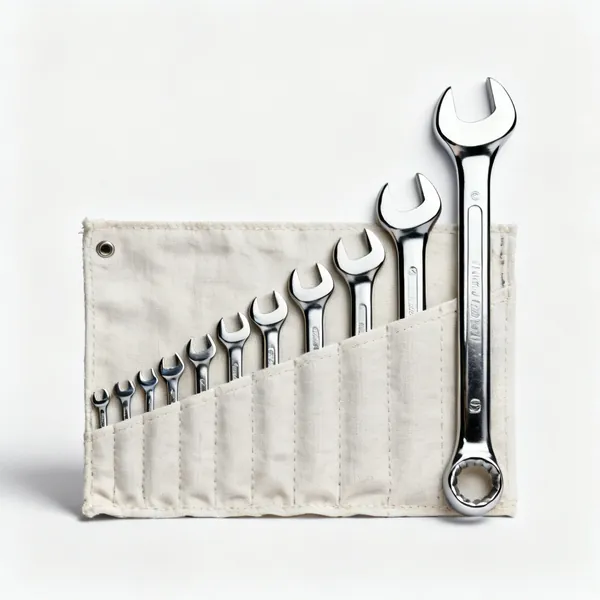 Spanner set: A set of chrome combination spanners of graduated sizes in a canvas roll