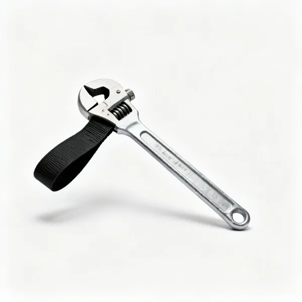 A strap wrench with a rubber strap and a metal handle