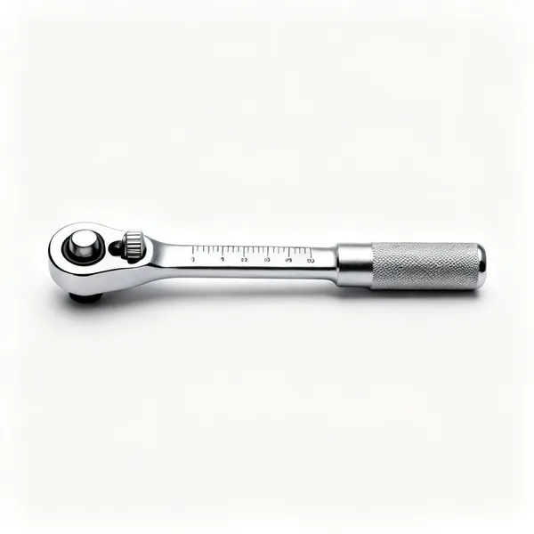A chrome click type torque wrench with a scale on the handle and a knurled adjuster