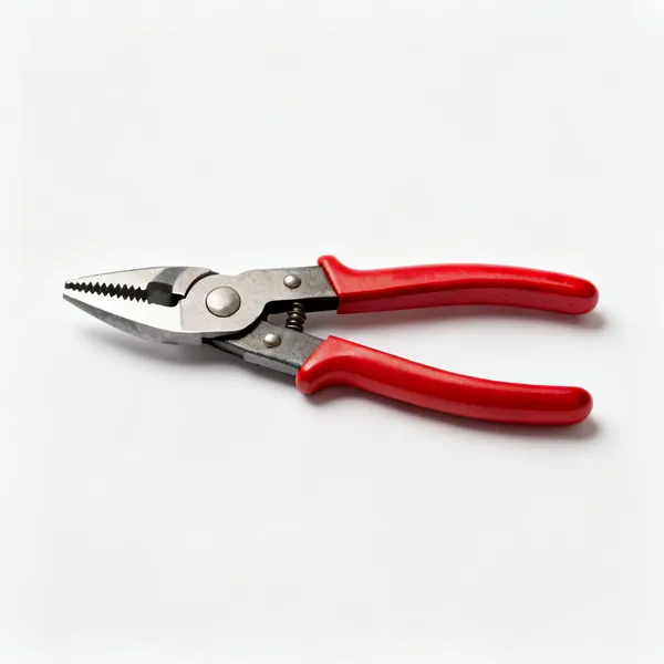 A pair of left cut aviation snips with red handles and short serrated offset jaws