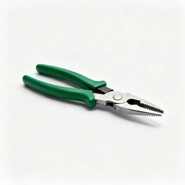 A pair of right cut aviation snips with green handles and short serrated offset jaws