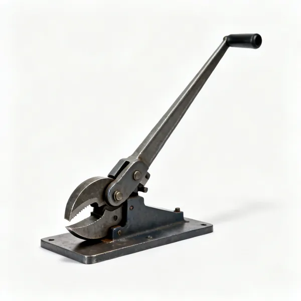 Bench shears: A bench mounted lever shear with a long handle and heavy cutting jaws on a base plate