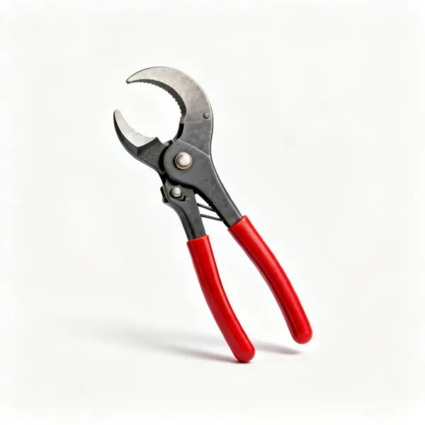 A pair of cable cutters with curved hooked crescent shaped jaws and red handles