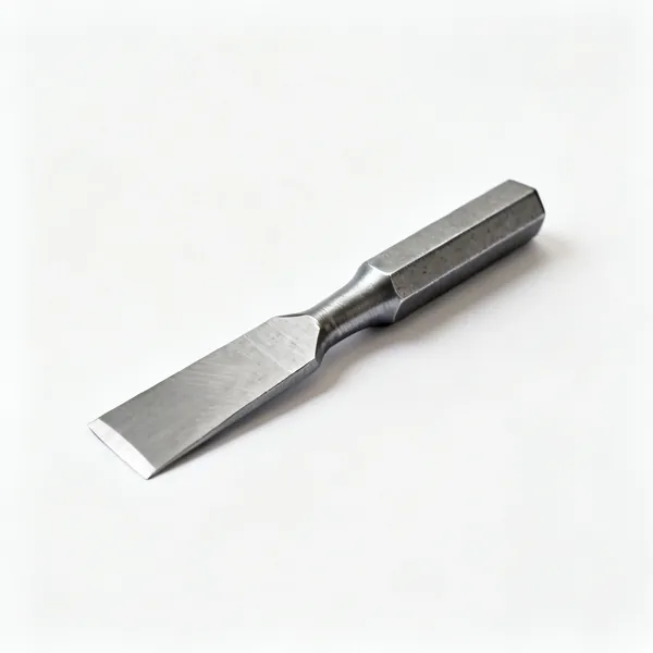 A steel cold chisel with a wide flat cutting edge and a hexagonal body