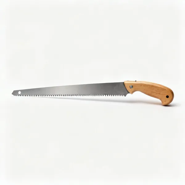 Sheet metal saw: A sheet metal cutting saw with a stiff narrow blade, fine teeth and a wooden handle