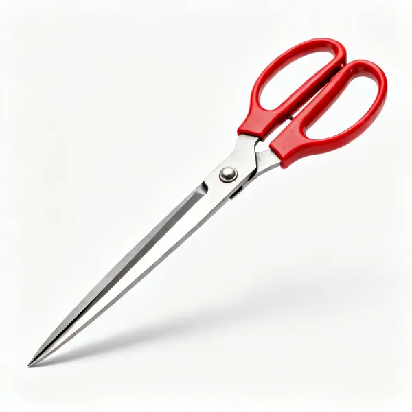 A pair of straight tin snips with long polished steel blades and red handles