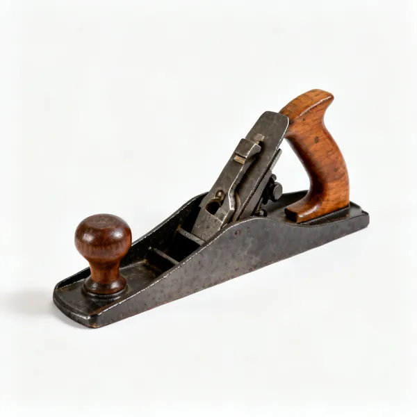 A bench plane with a long cast iron sole and wooden handles