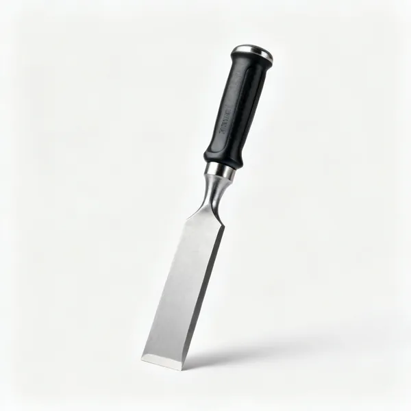A bolster chisel with a wide flat blade and a protective grip
