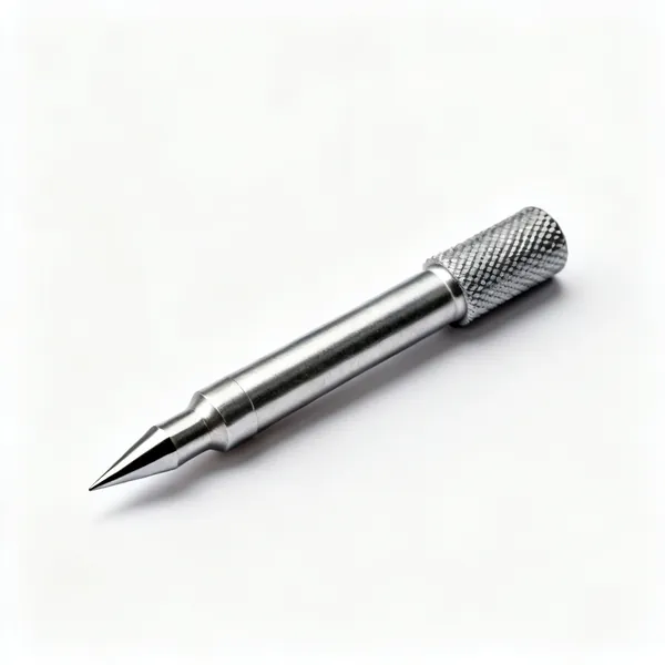 A steel centre punch with a knurled body and sharp point