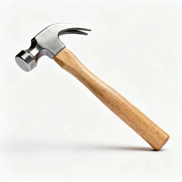 A claw hammer with a steel head and a wooden handle
