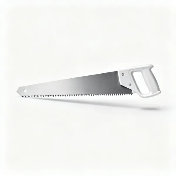 A hand saw with a wide toothed blade and a plastic handle