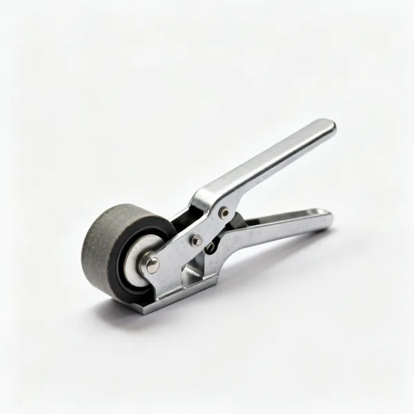 A metal honing guide clamp with a roller wheel