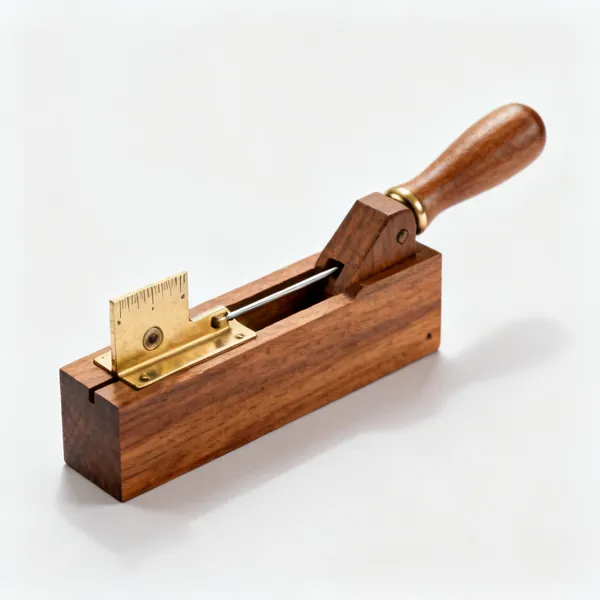 A wooden marking gauge with a brass-faced fence and scribing pin