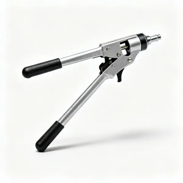 A hand pop rivet gun with long handles and a nose piece