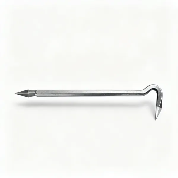 A flat steel pry bar with a bent chisel end