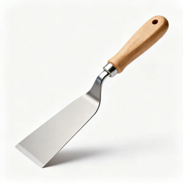 A putty knife with a flexible flat blade and wooden handle