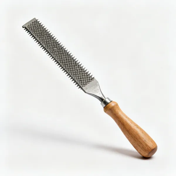 A wood rasp with coarse raised teeth and a wooden handle