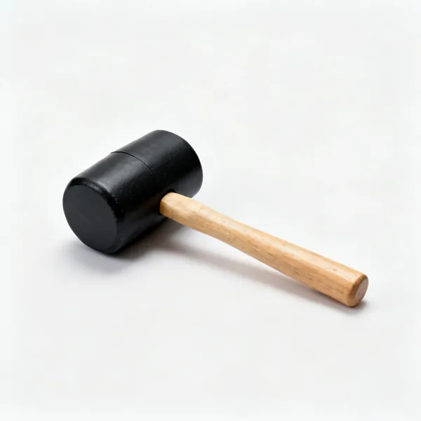 A rubber mallet with a black rubber head and wooden handle
