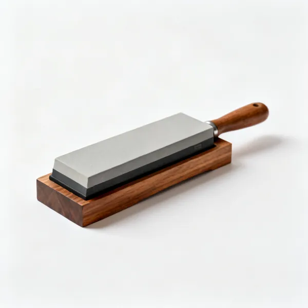 Sharpening stone: A rectangular sharpening whetstone on a wooden base