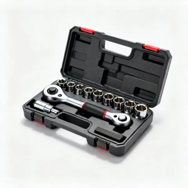 A socket set in a case with a ratchet handle and multiple sockets