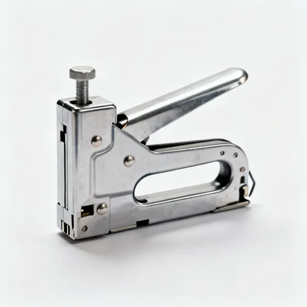 A manual staple gun with a metal body and squeeze handle