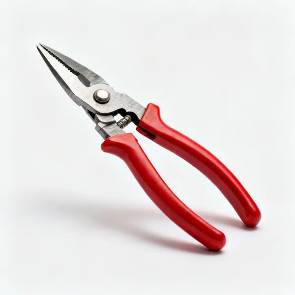 A pair of tin snips with red handles and short blades