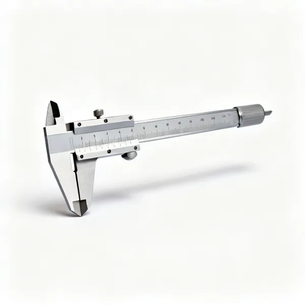 A vernier caliper with a sliding jaw and graduated scale