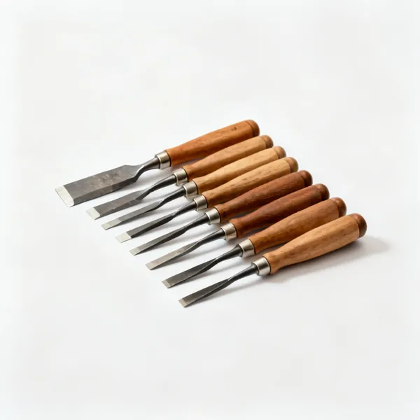 A set of wood chisels with wooden handles of graduated widths