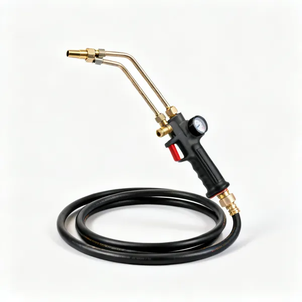 An oxy acetylene brazing torch with hoses