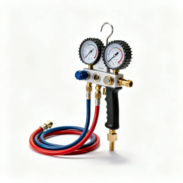 A refrigeration manifold gauge set with hoses