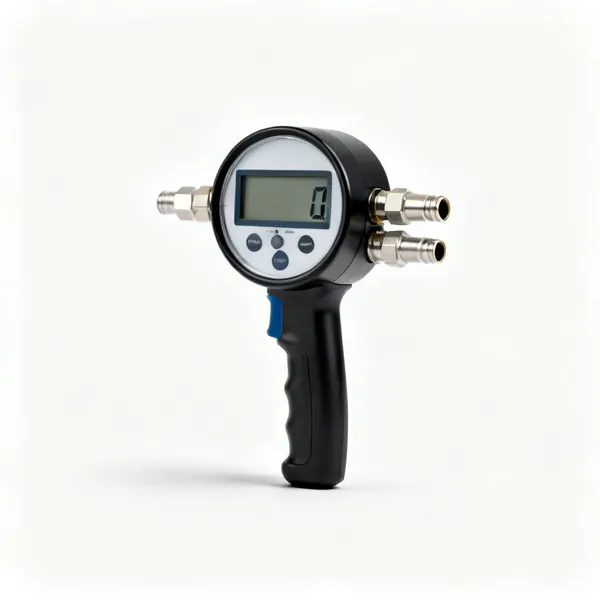 A digital manometer with two hose ports