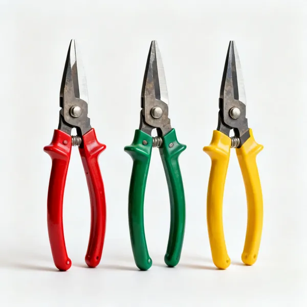 Three pairs of red green and yellow tin snips